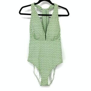 JETS Australia Ipanema Plunge Loop Back One Piece Swimsuit Green White US Sz 8